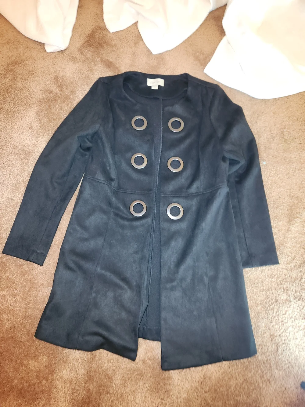 Classic Black Charlie Paige's Women's Long Coat with Metal Eyelet Detail